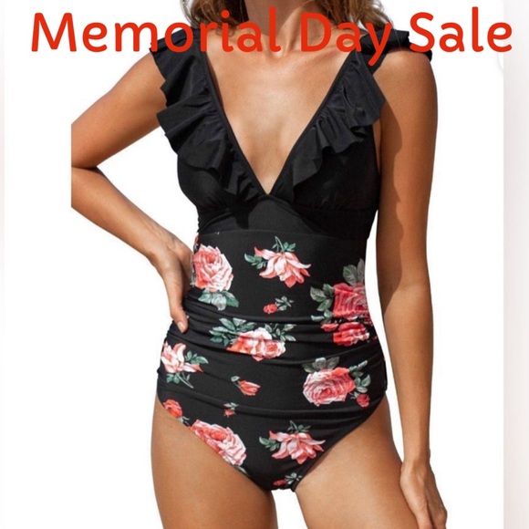 ☀️☀️☀️ Cupshe Womens V Neck One Piece Ruffled Lace Up Floral One Piece - Picture 1 of 6